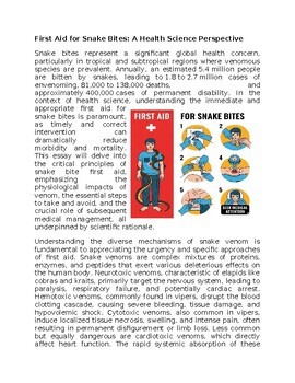 First Aid for Snake Bites Health Worksheet for Sub-Plan or Classwork & Homework