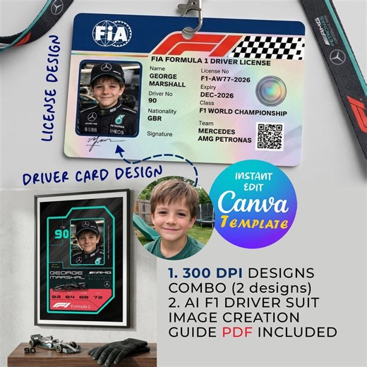 Editable Formula 1 Mercedes Kids Driver License and Playcard Canva Template (digital Download) - Etsy