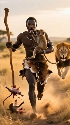 A Hadzabe Man Faces a Lion in the African Savannah | Realistic AI Cinematic Scene