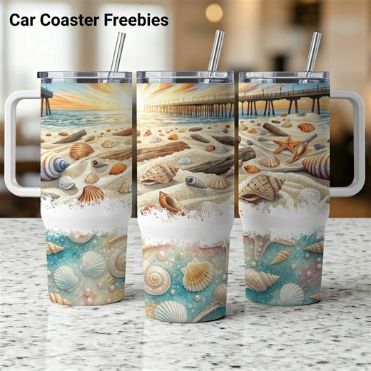Beach 40oz Tumbler Wrap, Seamless Distressed Tapered Design, Digital Download, Car Coaster Freebies, Seashells Pier, 40 Oz Ocean Sunrise PNG - Etsy