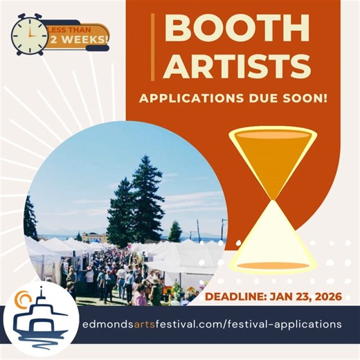 Less than two weeks left before the application for the 2026 booth artists closes - have you applied yet? Hurry! https://www.edmondsartsfestival.com/festival-applications #edmondsartsfestival #art #eaff #edmondsartsfestivalfoundation #edmondswa #artfestivals #eaf2026 #artfairs #seattleartists #PNWartists | Edmonds Arts Festival