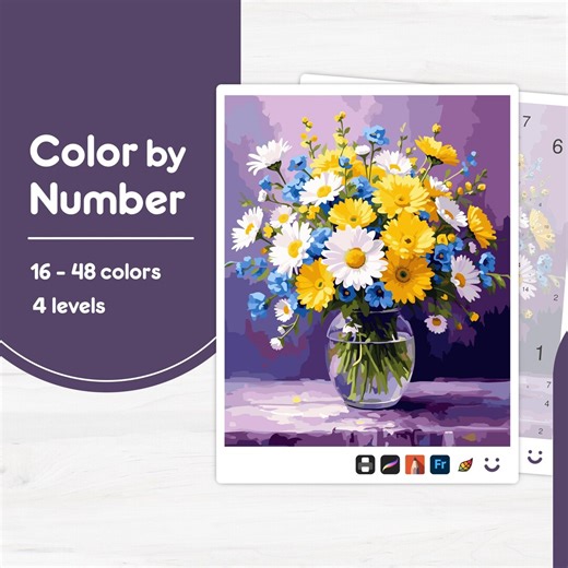 Colorful Flower Bouquet - Color by Number - Digital & Printable - 4 Levels - Etsy