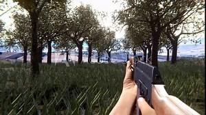 First-person shooter war game POV – man with AK-47 running through forest – cinematic gaming concept