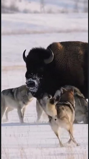Can a Mighty Bison Survive a Wolf Attack? 🦬🐺⚔️ #WildlifeShowdown #NatureShorts