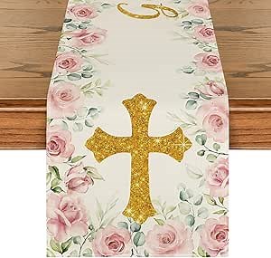 Artoid Mode Pink God Bless Girl Baptism Baby Shower Table Runner, First Holy Communion Christening Holiday Kitchen Dining Table Decoration for Home Party Decor 13x90 Inch