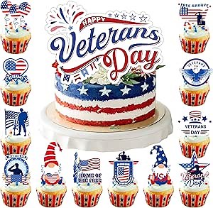 13pcs Happy Veterans Day Cake Toppers, National Flag Patriotic Cake Decoration American Flag Cupcake Toppers for Thank You Veterans Day Party Decorations