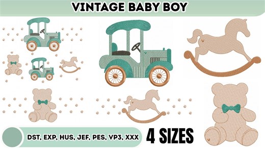 Vintage Toys Embroidery Bundle, Baby Boy Machine Patterns (antique Car, Rocking Horse, Teddy Bear) - Etsy