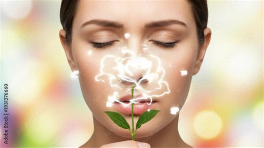 Female experiencing anosmia, a specific medical condition representing the complete loss of the sense of smell, inability to detect any odor, symbolizing the lack of fragrance, health concept