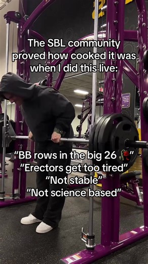 If you are interested in coaching, text (415) 605-6126 Now to answer each statement Not standard BB rows. these are Smith machine rows. Yes this distinction matters, as will be explained in another answer. I SLDL over 500 for sets. The erectors can handle this. Not to mention the back angle is not parallel to the floor so they will be even less worked than they are in SLDLs Yes this is stable. The smith machine is on a guided path I am using straps and my feet are planted firmly and couldn’t mov