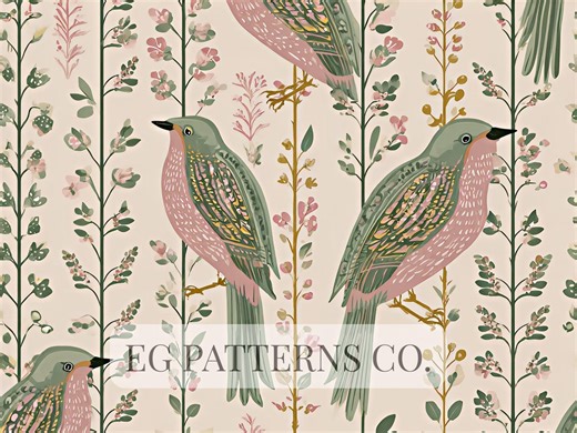 Vintage Bird Floral Vertical Stripe Seamless Pattern, Cottagecore Botanical Wallpaper, William Morris Inspired Fabric Print Design - Etsy