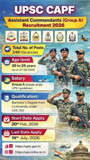 UPSC CAPF 2026 🔥 Assistant Commandant Recruitment | 349 Vacancies | Full Details #govtjobs #upse