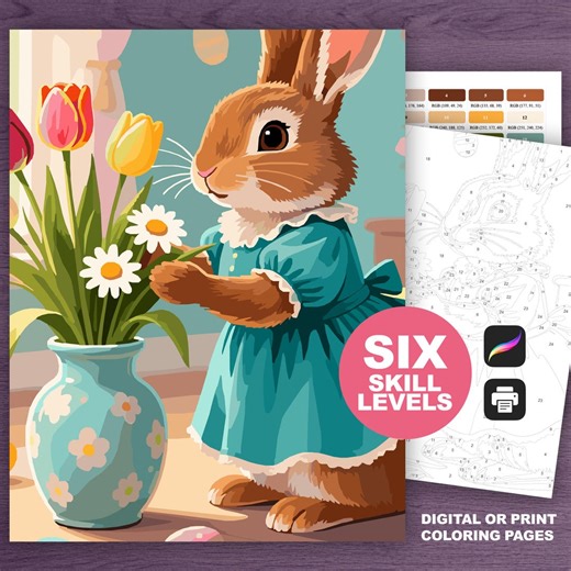 Easter Bunny Printable Paint by Number Kit for Procreate, Digital: Spring Coloring Pages (6 Skill Levels) - Etsy