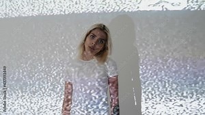 Mental error. Glitched woman. Digital overload. Crisis stress. Cataleptic silhouette lady looking strange double exposure numbers pixels computer noise neon light background copy space.