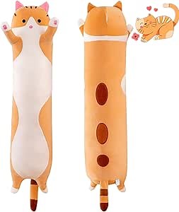 Long Yellow Cat Plush Pillow Toy Sleeping Pillow Cute Cartoon Cat Stuffed Animals Soft Long Body Pillow Gift for Kids (27.55in)
