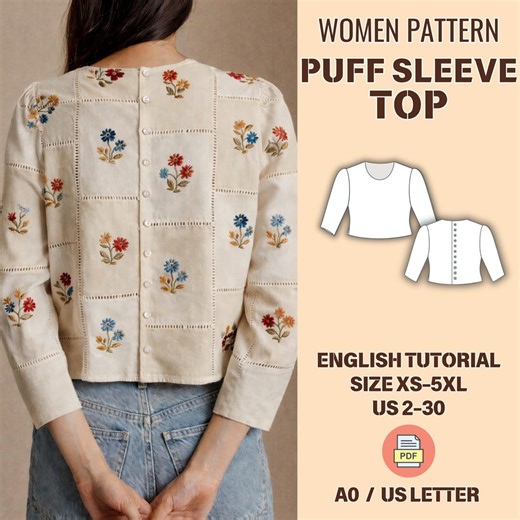 Puff Sleeve Top Sewing Pattern PDF, Button Back Blouse, 3/4 Sleeve, XS-5XL - Etsy UK