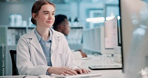 Computer, research and science with woman in laboratory, typing report for discovery or experiment. Healthcare, medicine and pharmaceuticals with scientist in office for development or innovation