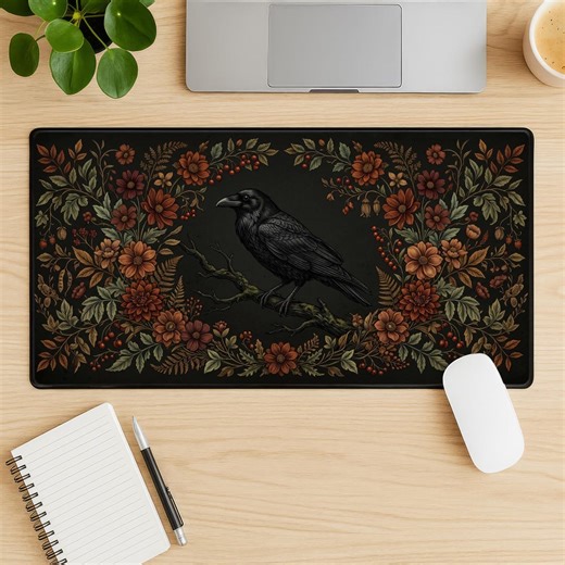 Gothic Desk Mat Raven Mouse Pad Dark Academia Cottagecore Witchy Decor Aesthetic Botanical Floral Gaming Workspace Deskpad Office - Etsy