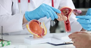 The doctor shows the anatomical model of the uterus, close-up. Obstetrician consultation, ectopic pregnancy Stock Video