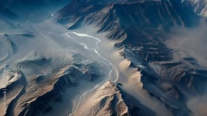 Aerial View of Majestic Alien Planet Landscape Featuring Rugged Mountains and Flowing River Channels