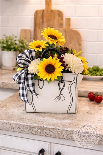 Sunflower Purse Floral Arrangement – Farmhouse Kitchen Decor – Rustic Table Centerpiece - Etsy