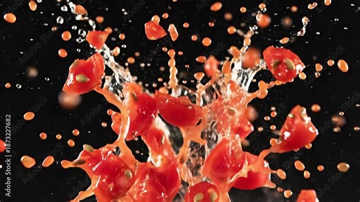 A single vibrant red tomato dramatically explodes in a dynamic highspeed shot sending a powerful splash of pulp and juice outwards against a stark black background showcasing the raw energy and fresh.