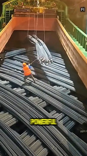 The process of loading steel bars into the cargo hold of a large ship | IDOL Studio