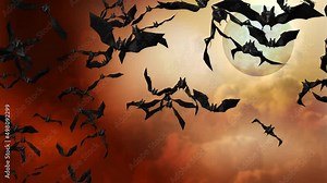 Flying Bats animation on green screen. flying bats Animation with Black Alpha Matte. Halloween Bats on Moon Night Background. Fly Silhouette Bat. Many Flittermouse. Bat Party. Halloween Night festival