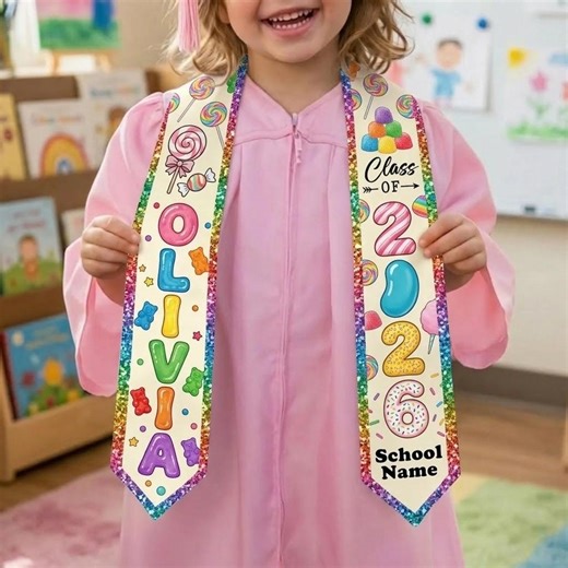 Personalized Candy Kids Graduation Stole, Class of 2026 Name Sash, Sweet Theme Kindergarten Preschool Grad Stole - Etsy