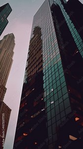 View from the ground looking up at a modern skyscraper with numerous windows, showcasing the height and architecture of the building.