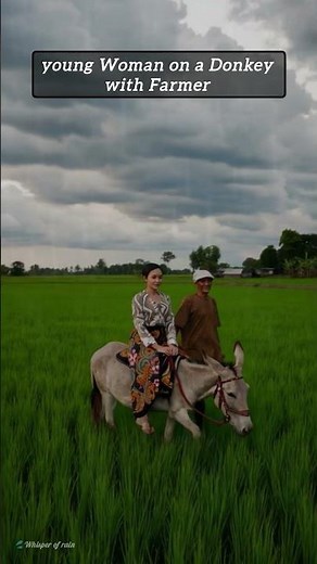 Young Woman on a Donkey with Farmer | Rainy Rice Field Walk