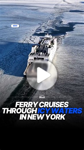 Aerial footage shows ferry cruising through ice-covered New York Harbor