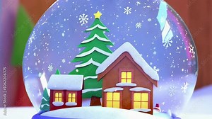 An animated 4K video featuring a crystal snow globe with a snowy Christmas tree and house inside. This flat cartoon animation design element brings a whimsical holiday scene to life.