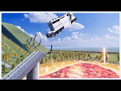 Jumping a Train Over a Lava Lake - BeamNG Drive