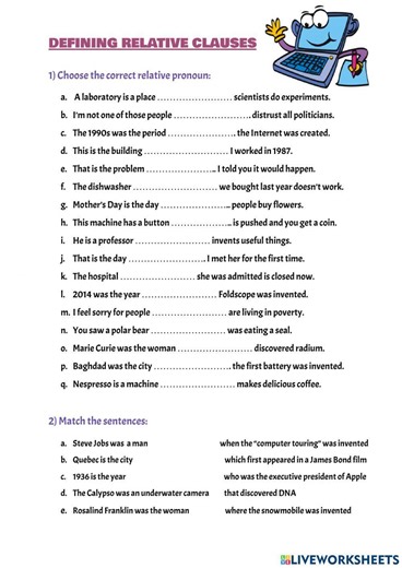 Defining relative clauses online pdf worksheet for 1º, 2º, 3º, 4º ESO