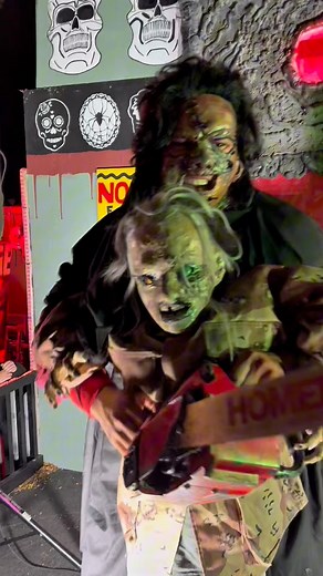 Leatherface reenacted the opening scene of Texas Chainsaw Massacre part 2! #Halloween #leatherface #texaschainsawmassacare2 | Wilkes Family Halloween Displays