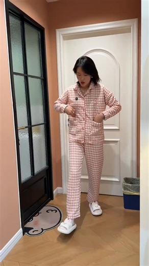芊之雅（QIANZHIYA）秋冬季空气棉夹层睡衣套装女士纯棉长袖夹棉加厚加棉居家服秋冬天 LST-068#豆沙格 XL 女170（参考125-140斤）
