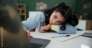 Girl, online and student tired with laptop for studying for important exam or assignment, burnout and mental block or fatigue. Learner, digital technology and research for assessment and education.