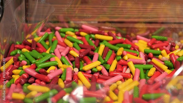 Multicolored candy sticks spilling from transparent plastic container, showcasing vibrant sugary treats bursting with colorful sweetness and temptation