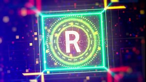The rand money symbol of South Africa. Financial and business sign on cyber background. 3d animation with bokeh, neon lights.