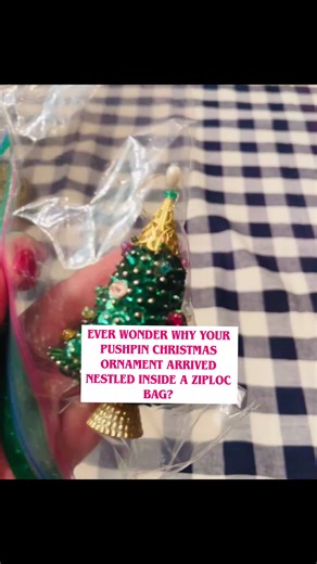 Did you wonder why your pushpin Christmas ornament arrived nestled inside a Ziploc bag? Vintage pushpin ornaments are miniature works of art—each sequin, bead, and shimmer secured by hand-placed individual pins. When wrapped in tissue, paper, or even soft padding, those pins can catch and pull during transit, risking the loss of the very details that make these ornaments so special. That’s also why I store them individually in Ziploc bags. By allowing the ornament to rest freely inside a Ziploc 