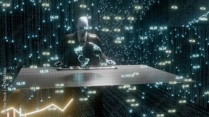 A techno engineer performs analysis on a supercomputer in a futuristic server room. fiber optics background with lots spots.