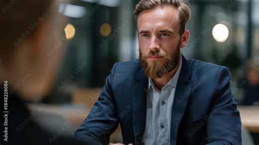 Business man interviewer displays skepticism during a job interview in a modern office setting after office hours while assessing the candidate's qualifications and presentation skills