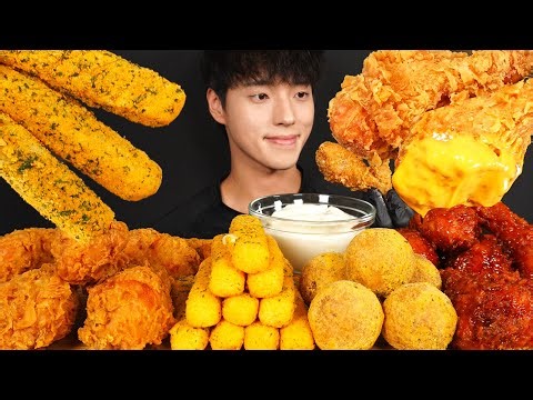 ASMR MUKBANG FRIED CHICKEN & CHEESE STICKS & CHEESE BALLS & SWEET AND SPICY SEASONED CHICKEN