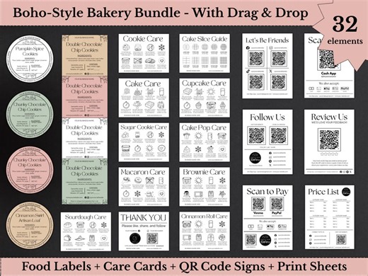 Bakery Business Bundle: Boho-style Food Labels, Care Cards, QR Code Signs (digital Download) - Etsy