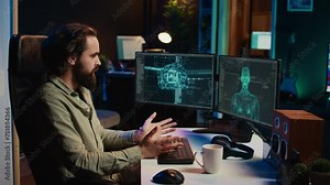 Sentient Ai gains humanoid form inside computer, waving hand, greeting its creator. Self aware artificial intelligence saluting programmer after becoming autonomous and achieving singularity, camera B