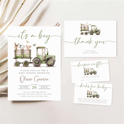Editable Tractor Baby Shower Invitation Bundle, It's a Boy Baby Shower Invite Set, Farmhouse Baby Shower Invite Pack, Template, BSB-21 - Etsy