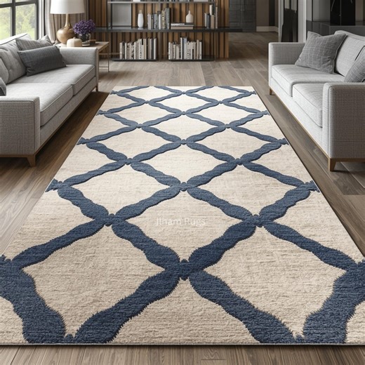 Navy Blue Lattice Tufted – Modern Geometric Area Rug | Cream & Blue Trellis Pattern Carpet - Etsy