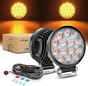 Nilight 4.5Inch 42W 4200LM Amber LED Light Pods Round Flood Lights for Off Road, Roof & Fog - 16AWG Wiring Harness Kit-2 Leads