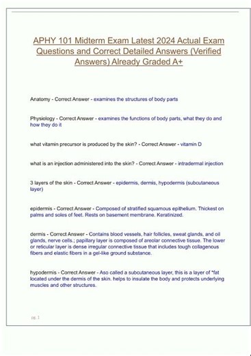 APHY 101 Midterm Exam Latest 2024 Actual Exam Questions and Correct Detailed Answers Verified Answer