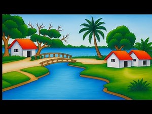 How to Draw a Beautiful Village Scenery Step by Step | Nature Landscape with River, Bridge Drawing
